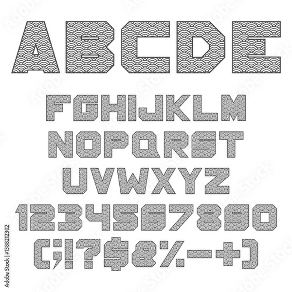 Obraz Font, alphabet with chinese fish scales. Isolated vector objects on white background.