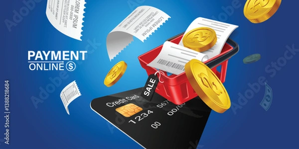 Obraz shopping basket Red on product bill. Smartphone with purchase icon on screen. Credit card payment on smartphone. Online shopping via mobile phone.shopping cart for online shopping concept,vector 3d