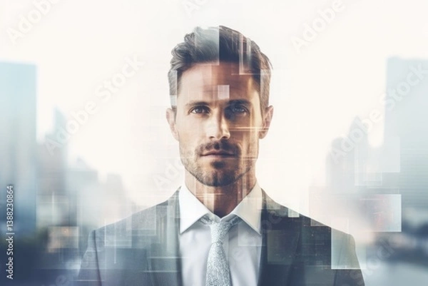 Fototapeta The double exposure image of the business man standing back during overlay with cityscape. Generative AI.