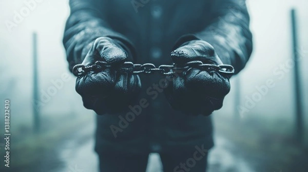 Fototapeta Chained Hands in Fog: A Depictive Image of Imprisonment