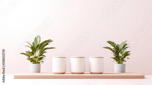 Fototapeta Three white cylindrical containers sit on a light wood shelf, flanked by two potted plants with broad, green leaves. The scene is minimalist, with a pale pink background. The image is digitally rend