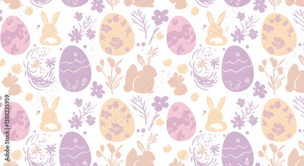 Fototapeta Modern vector pattern of Easter elements like eggs, flowers, and bunnies, seamless repeat design for fabric or wrapping paper.