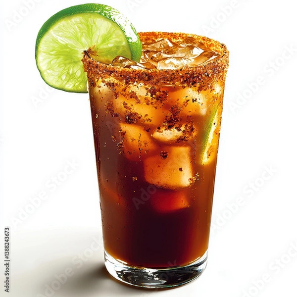 Fototapeta Close-up of a refreshing michelada cocktail with ice, chili-rimmed glass, and lime garnish, perfect for summer or parties.