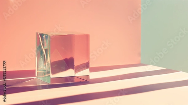 Fototapeta A minimalist composition featuring a transparent glass cube placed on a soft pastel background with sharp, defined shadows. This visual metaphor symbolizes mental clarity, focused thought, and clean i