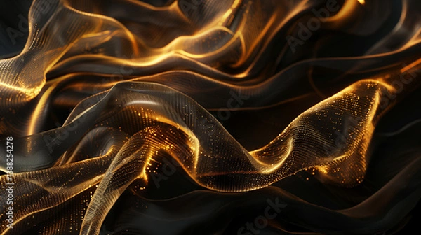 Fototapeta A luxurious abstract composition with flowing golden threads arranged over deep black velvet texture. Elegant lighting and high visual contrast create a harmonious and refined design, perfect for prem
