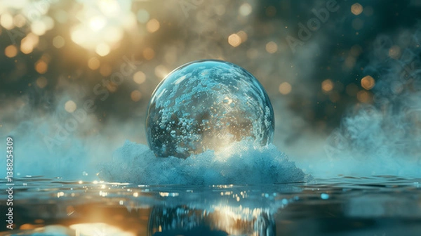 Fototapeta A hyper-detailed transparent crystal orb suspended in soft cool mist, reflecting abstract light patterns. This minimalist surreal composition symbolizes clarity of thought, fragile beauty, and the bal