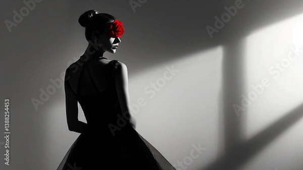Fototapeta A high fashion female silhouette captured in cinematic black and white lighting with a single striking red accessory. The minimalist background and editorial composition evoke elegance, strength, and 