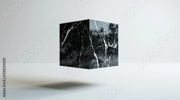 Fototapeta A glossy black marble cube suspended in a soft white space, with subtle reflections and a minimalist luxury aesthetic. Ideal as a high-end product mockup or conceptual visual for premium design, archi