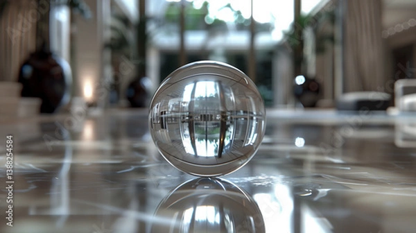 Fototapeta A floating transparent crystal sphere reflecting a luxurious interior space. Soft ambient lighting and futuristic elegance create a visual metaphor for clarity, perception, and refined minimalism. Ide