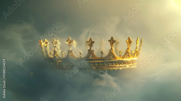 Fototapeta A transparent glass and gold crown floating in soft atmospheric fog. This minimalist visual reimagines nobility through elegance, subtle power, and modern symbolism. A refined composition ideal for co