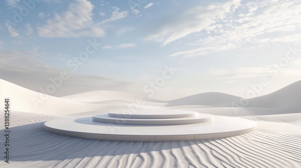 Fototapeta A minimalist conceptual scene featuring an empty circular stage in the middle of a vast white desert. Surrounded by soft, invisible waves in the sand, the composition symbolizes movement born from sil
