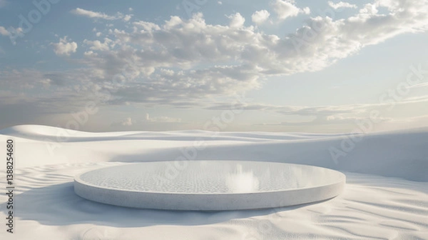 Fototapeta A minimalist conceptual scene featuring an empty circular stage in the middle of a vast white desert. Surrounded by soft, invisible waves in the sand, the composition symbolizes movement born from sil