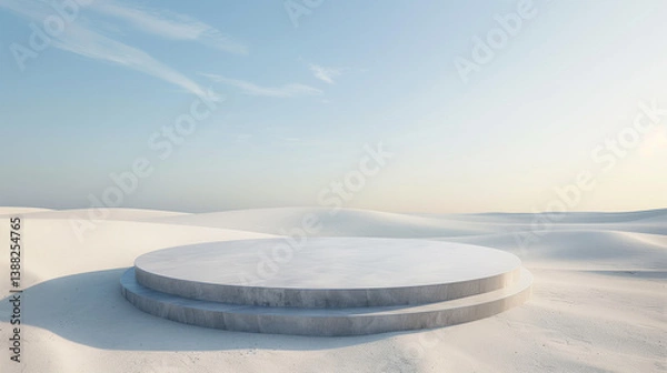 Fototapeta A minimalist conceptual scene featuring an empty circular stage in the middle of a vast white desert. Surrounded by soft, invisible waves in the sand, the composition symbolizes movement born from sil