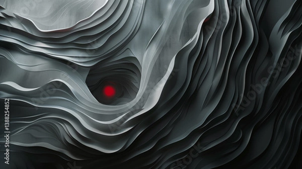 Fototapeta A dark minimalist abstract visual featuring layered gray swirls and a small hidden red dot. The composition evokes emotional tension and inner turbulence, creating a surreal yet calm atmosphere with s