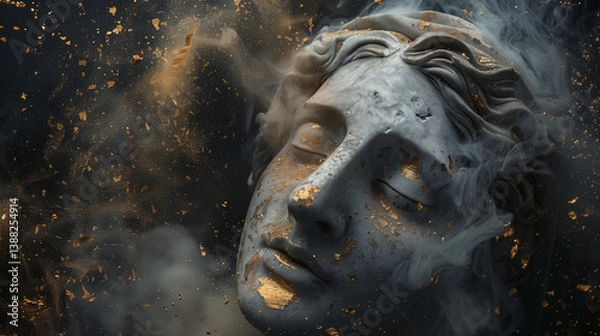 Obraz A broken classical sculpture head surrounded by floating dust particles and delicate gold flakes, lit with dramatic chiaroscuro lighting. This powerful composition conveys poetic decay, timeless beaut