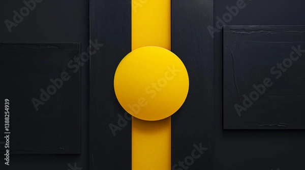 Fototapeta A bright yellow minimalist circle compressed between two dark blocks on a clean background. This bold abstract composition creates visual tension, symbolizing the idea of joy under pressure. Perfect f