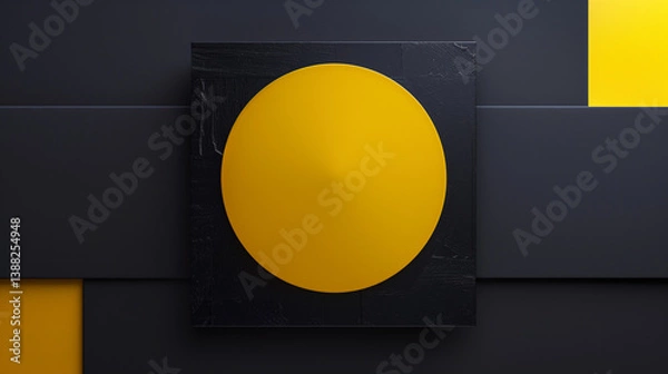 Fototapeta A bright yellow minimalist circle compressed between two dark blocks on a clean background. This bold abstract composition creates visual tension, symbolizing the idea of joy under pressure. Perfect f