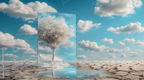 Fototapeta A surreal conceptual scene of a lonely thin white tree growing from a mirror placed on dry, cracked ground. The mirror reflects the sky above, creating a powerful symbol of duality, inner depth, and c