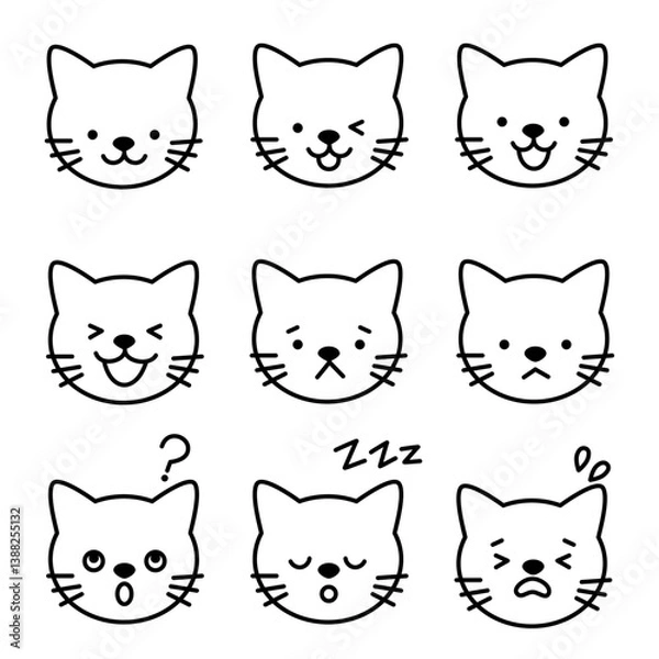 Obraz Nine expressive cat face stickers, vector line art, portrait	