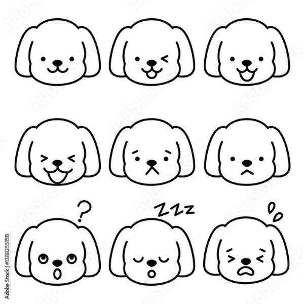 Obraz Nine expressive dog face stickers, vector line art, portrait	