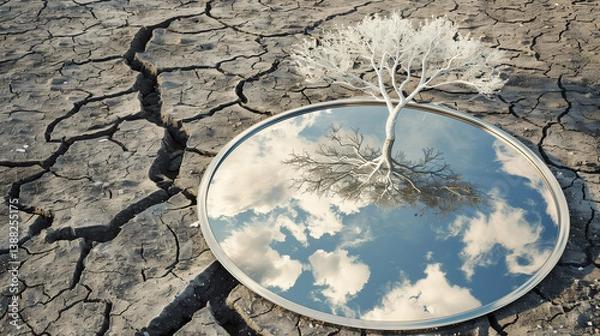 Fototapeta A surreal conceptual scene of a lonely thin white tree growing from a mirror placed on dry, cracked ground. The mirror reflects the sky above, creating a powerful symbol of duality, inner depth, and c