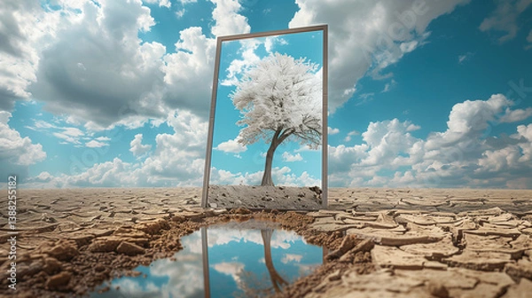 Fototapeta A surreal conceptual scene of a lonely thin white tree growing from a mirror placed on dry, cracked ground. The mirror reflects the sky above, creating a powerful symbol of duality, inner depth, and c