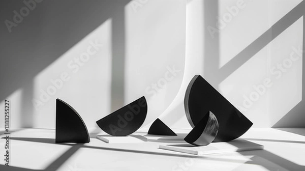 Fototapeta A luxury abstract composition featuring matte black geometric shapes arranged in perfect balance on a white surface. Subtle soft shadows and minimal styling create a refined editorial aesthetic. Ideal
