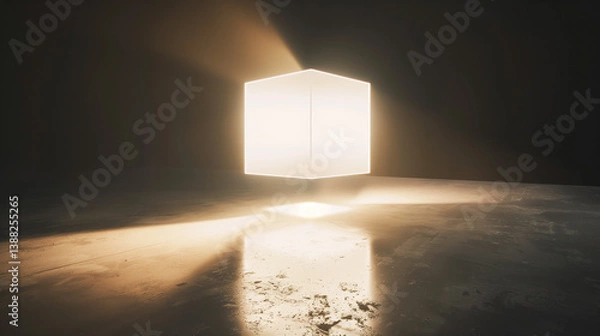 Fototapeta A minimalist abstract scene featuring a glowing white cube suspended above a dark velvet surface. Long soft shadows create a dramatic visual metaphor of pressure and purity. Ideal for conceptual art, 