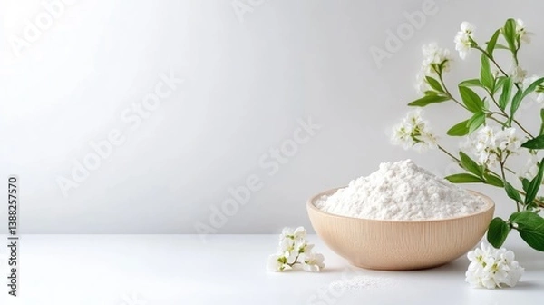 Fototapeta A bowl of white powder with delicate white flowers and green leaves on a minimalist white background, and serene and natural composition.