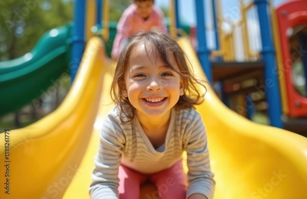 Fototapeta Happy child slides down colorful playground slide, sunny day. Joyful girl smiling on outdoor fun. Playful kid enjoys summer recreation, childhood happiness and active games.