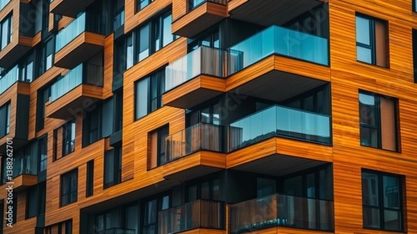 Fototapeta Modern apartment building exterior design with wood cladding and glass balconies architecture real estate