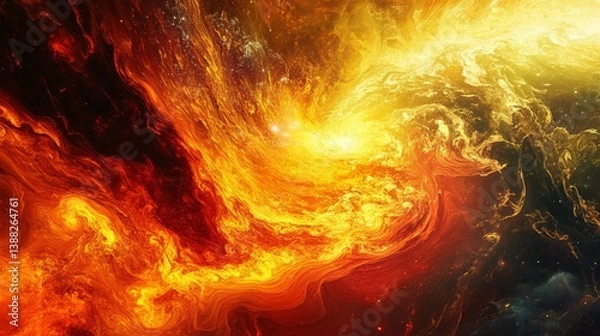 Fototapeta Artistic depiction of a fiery nebula with swirling clouds of orange and yellow light in space