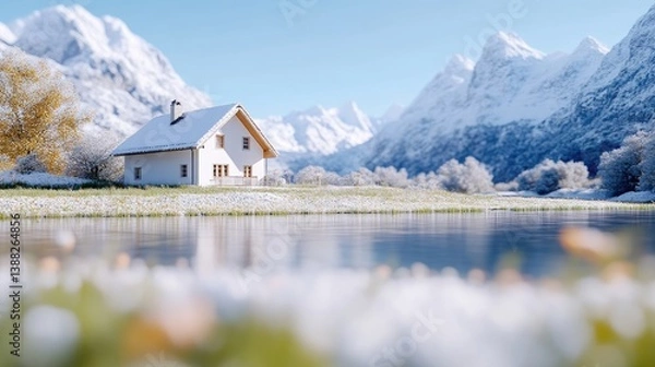 Obraz Cozy mountain chalet by a tranquil lake, blanketed in winter's embrace.  A serene, picturesque scene of a snow-covered home nestled amidst towering peaks and a glassy lake.