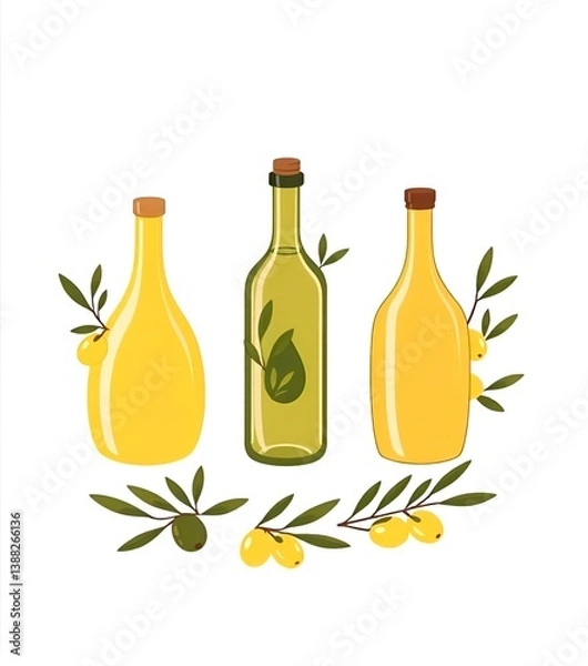 Fototapeta Stylized olive oil bottles with branches and olives