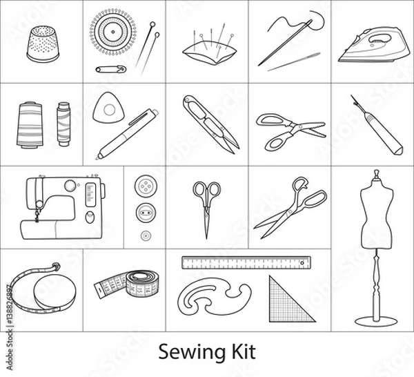 Obraz Sewing tools kit, line vector icons
