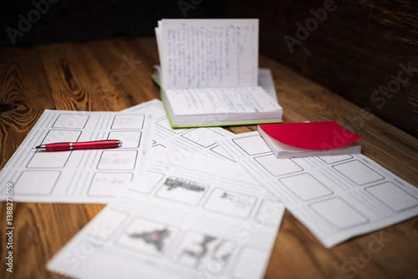 Obraz Creative workspace with notes and sketches scattered on a wooden desk, inspiring ideas and plans for projects