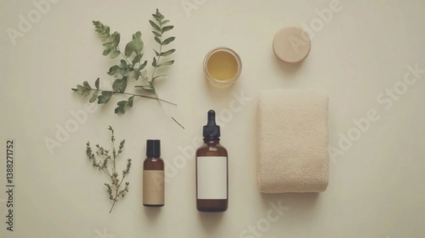 Fototapeta Minimalistic spa product flat lay featuring oils, balms, towels, and fresh greenery on a beige background