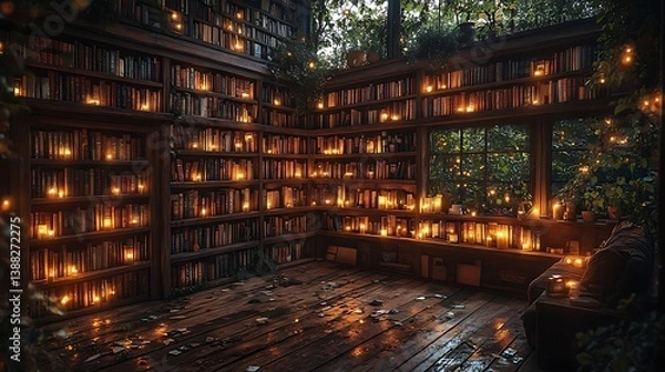 Fototapeta A cozy lo-fi library at night, wooden shelves filled with old books, the soft golden glow of candles flickering in a tranquil corner,