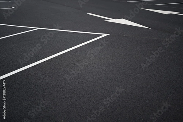 Fototapeta white arrow on gray asphalt, turn left, turn right, abstract white lines on asphalt, background of asphalt texture and white lines	
