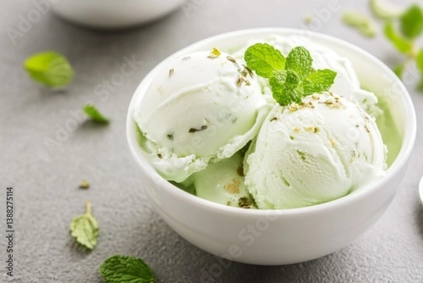 Fototapeta Mint ice cream scoops served in white bowl with mint leaves on pastel green background with soft light