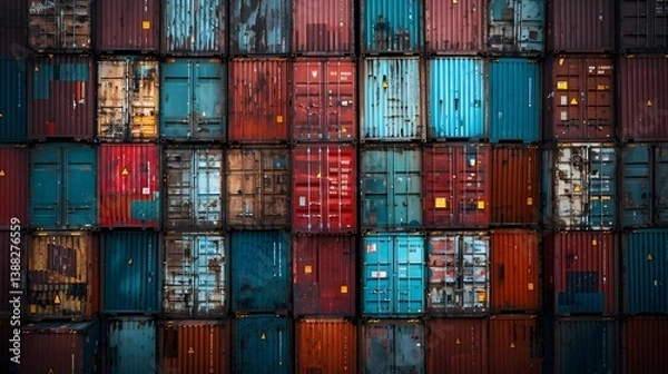 Fototapeta Stacked Cargo Containers in Chaotic Pattern, Symbolizing Port Congestion and Supply Chain Bottlenecks

