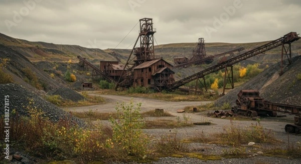 Fototapeta Abandoned Mining Site with Rusted Industrial Structures in Rocky Landscape