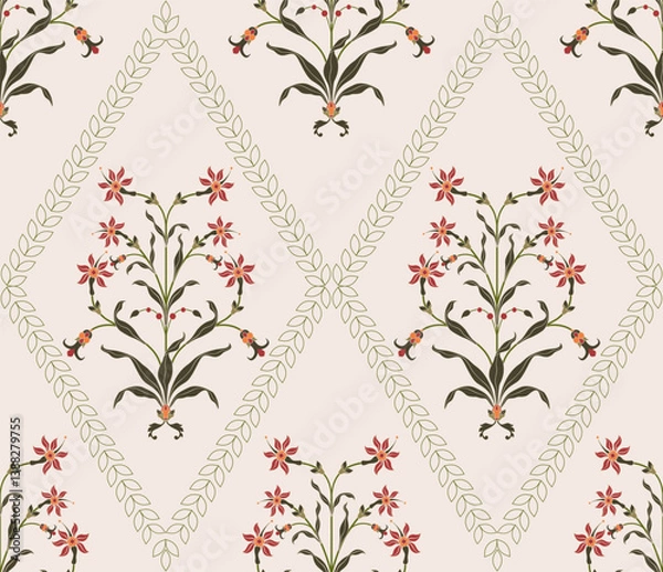 Fototapeta Hand drawn colourful geometric flowers, seamless patterns with floral for fabric, textiles, clothing, wrapping paper, backdrop, banner, illustration, abstract backgrounds.

