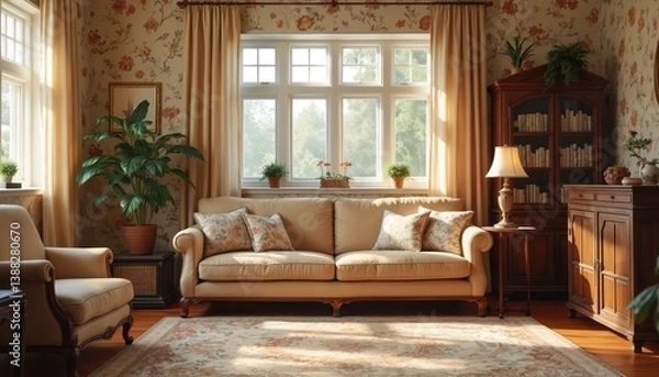 Fototapeta Cozy vintage living room with classic floral wallpaper antique furniture creating warm inviting atmosphere. Interior design style featuring comfy sofa armchair bookshelf window and wooden floor.