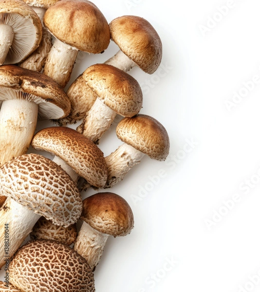 Obraz multiple mushrooms, including shiitake and reishi, with a transparent background. The mushrooms are placed on the right side of an empty white space