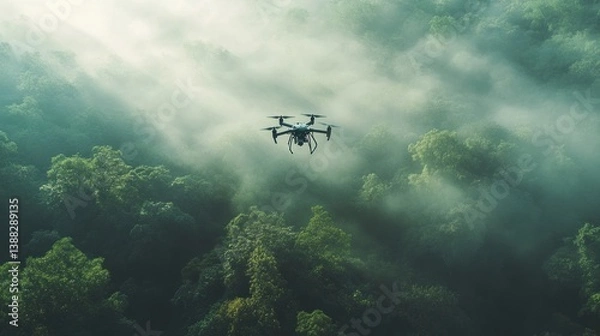 Fototapeta Drone Flying Over Foggy Forest Canopy During Daylight Exploration