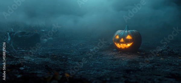 Obraz Halloween background with a spooky pumpkin and fog on a dark gray background