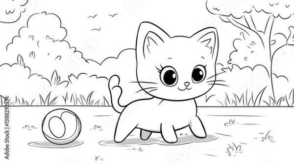 Fototapeta Cute cartoon kitten playing in park. Coloring page