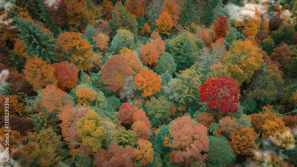 Fototapeta Aerial View of a Vibrant Autumn Forest with a Rich Palette of Fall Colors