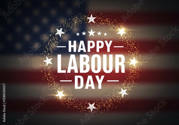 Obraz A bold Labor Day greeting set over a blurred American flag backdrop. White text with circular stars glows with golden sparkles, lens flares, and a festive red, white, and blue palette.
